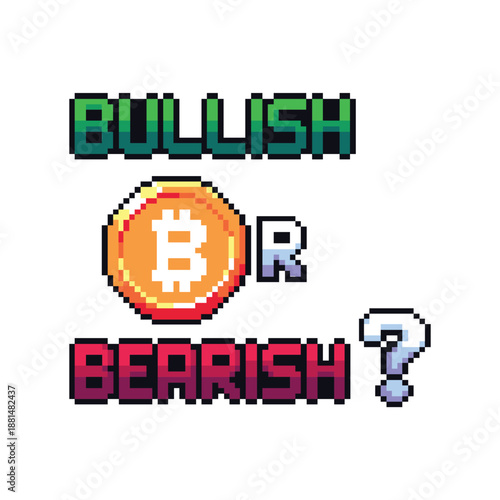 A pixel art style Bitcoin bullish or bearish with bright colors. Perfect for your projects.