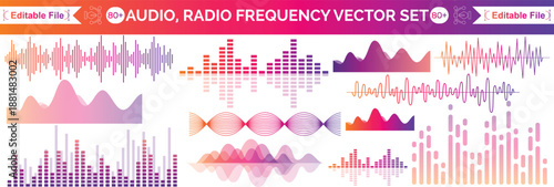 Sound waves collection. Analog and digital audio signal. Music equalizer. Interference voice recording. High frequency radio wave. Vector illustration.