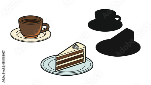 A slice of chocolate cake and a cup of coffee on a plate