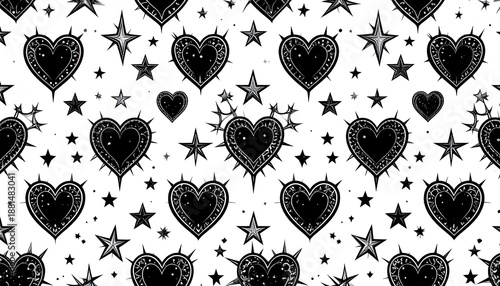 Grunge Hearts and Stars Pattern - Dark Aesthetic Seamless Design.