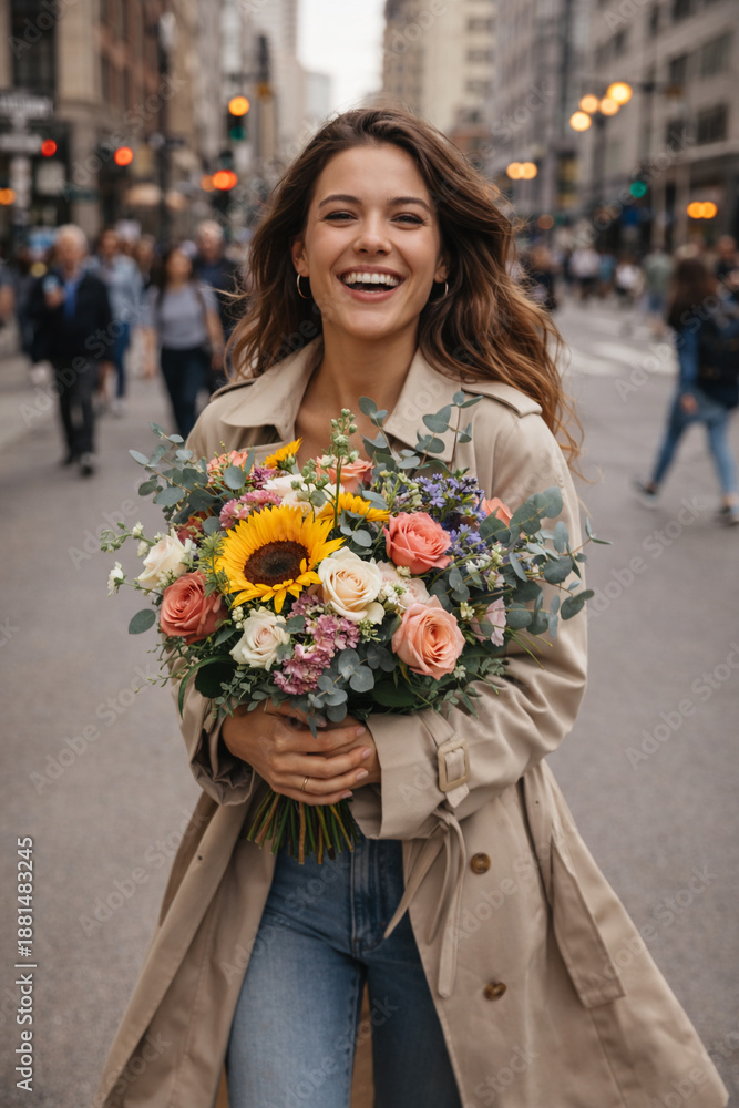Fototapeta premium Portrait of happy woman holding bouquet of flowers walking in city street, spring and happiness concept, vertical generative AI illustration.