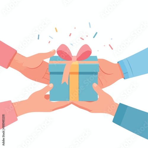 Multiple hands exchanging a beautifully wrapped gift box with a ribbon