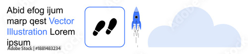 Data analysis, innovation, navigation, journey, cloud tech, exploration. Footprint icon next to a rocket and cloud graphic. Navigation and exploration through symbolic elements
