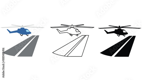 A set of helicopter icons in different colors on a runway