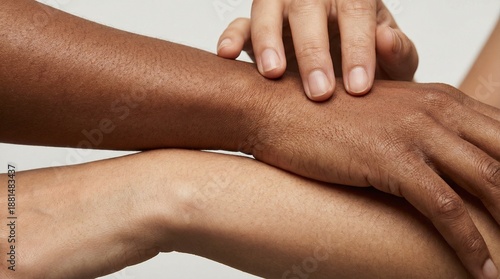 Close up shows hands of different skin tones gently touching representing unity and connection