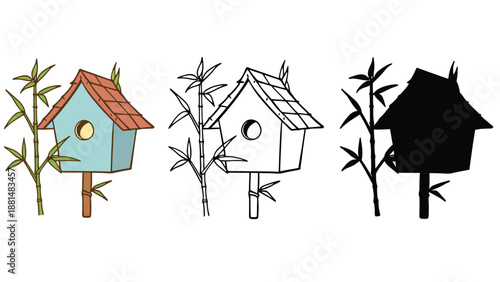 Three birdhouses in different styles with bamboo trees beside them