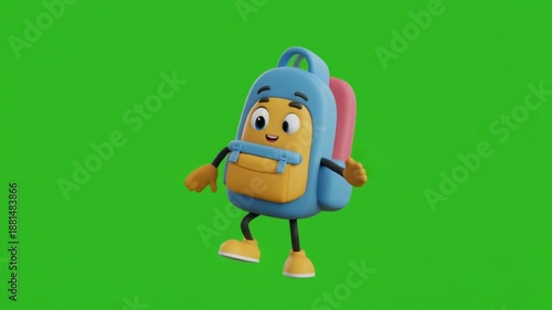 3D animated blue and yellow school backpack character standing with open arms on green screen