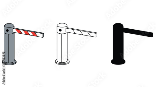 Three different colored parking barrier gates on a white background