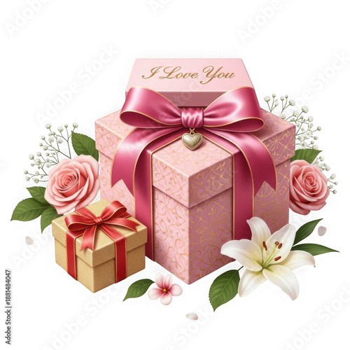 Romantic gift boxes with flowers isolated on transparent background