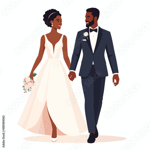 Bride and Groom Walking Hand in Hand on Wedding Day in a Joyful Celebration Illustration