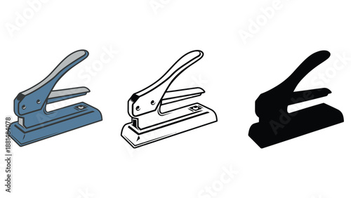 Three staplers in different colors and styles on a white background