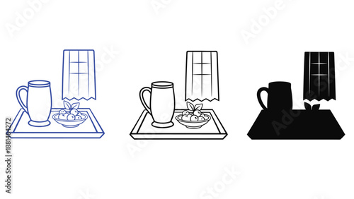 A colorful illustration of a breakfast tray with a cup and fruit by the window in various styles