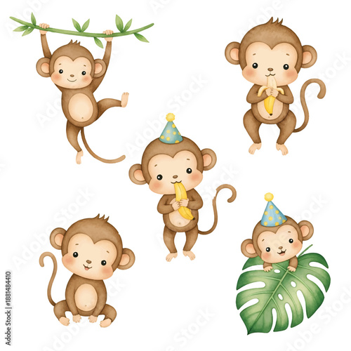 Cute cartoon monkey animal set watercolor