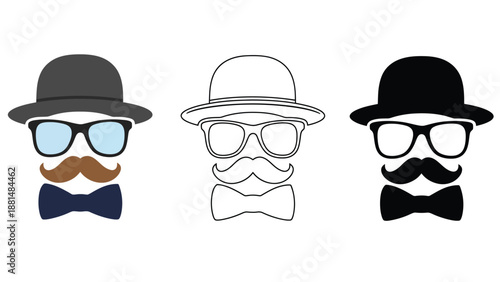 Three cartoon gentlemen with hats and glasses on a white background
