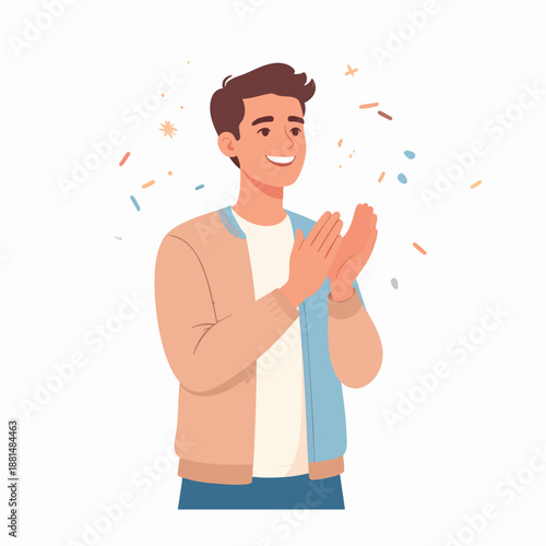 A young man applauding with confetti surrounding him in a celebratory atmosphere from a straightforward viewpoint