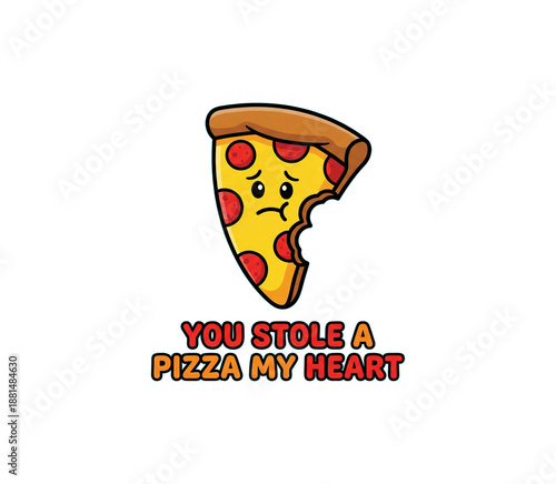 Sad bitten pizza slice cartoon with pun text