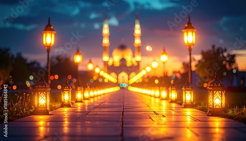Illuminated Pathway Leading to a Mosque at Dusk.
