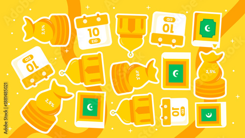 Bright yellow pattern with zakat alms sack eid calendar mosque and holy quran book