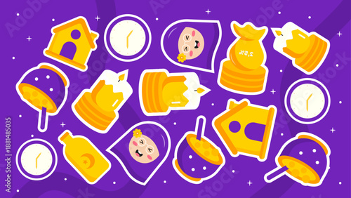 An artistic purple themed pattern with smiling girls in hijab and various Ramadan ritual icons