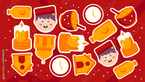 A bold red background pattern with various Islamic icons including lanterns and mosque architecture