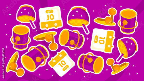 A vibrant purple pattern highlighting the 10th of Eid on calendars with traditional drums