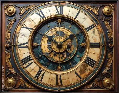 A close-up of an ornate clock face with Roman numerals and golden details