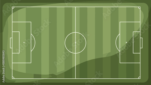 Flat vector soccer field top view, simple geometric layout, no text, no logo, green field, clean lines, minimal design, white background, stock illustration
