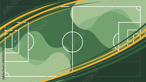 Flat vector background for world cup football poster, abstract football field shapes, dynamic lines, global sports theme, green and gold color palette, minimal modern style, no text, high-quality vect