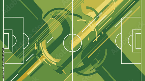 Flat vector background for world cup football poster, abstract football field shapes, dynamic lines, global sports theme, green and gold color palette, minimal modern style, no text, high-quality vect