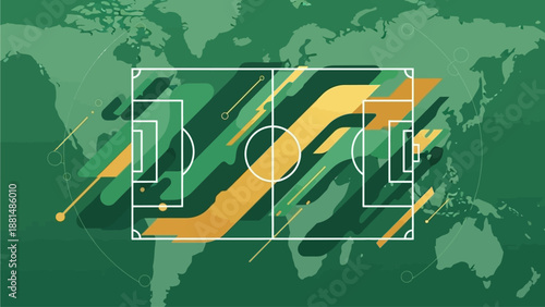 Flat vector background for world cup football poster, abstract football field shapes, dynamic lines, global sports theme, green and gold color palette, minimal modern style, no text, high-quality vect