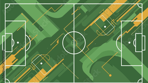 Flat vector background for world cup football poster, abstract football field shapes, dynamic lines, global sports theme, green and gold color palette, minimal modern style, no text, high-quality vect