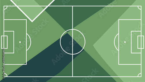 Abstract soccer pitch background design, flat vector 2D, geometric shapes inspired by football field markings, minimal, clean, modern sports theme, no text, no people