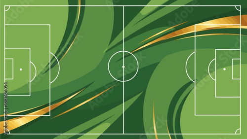 Flat vector background for world cup football poster, abstract football field shapes, dynamic lines, global sports theme, green and gold color palette, minimal modern style, no text, high-quality vect