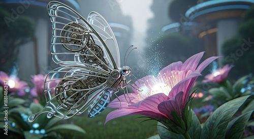 Mechanical butterfly on pink flower in futuristic garden with glowing plants