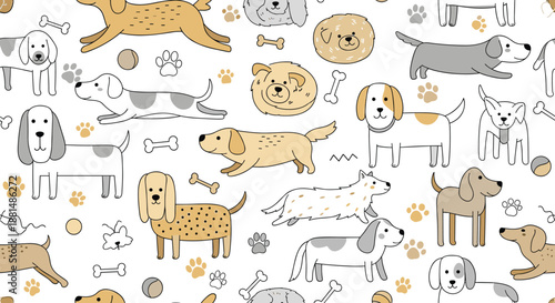 Seamless pattern with various breeds of cute dogs and paw prints in a simple hand-drawn doodle style for pet lovers.