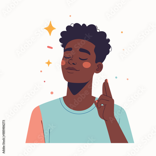 A young man with closed eyes and a thoughtful gesture, surrounded by colorful stars and shapes, conveying a sense of calm and contemplation