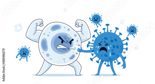 Strong immune system cell character with muscles fighting off blue virus pathogens to protect the body from infection.