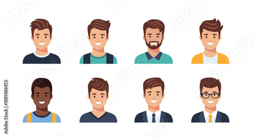 Collection of diverse male avatars showing different hairstyles, facial hair, skin tones, and clothing for social media profiles.