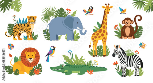 Diverse collection of colorful jungle animals including a lion, elephant, giraffe, zebra, and monkey with tropical plants.