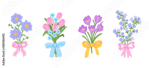Spring or summer set of bouquets bellflowers, tulips, crocus decorated with colorful bowknots. Beautiful floral bunches with blooms, leaves