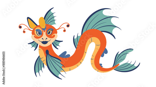 A whimsical and colorful sketch of a mythical sea serpent, rendered in a playful and cartoonish style, evoking fantasy and aquatic themes