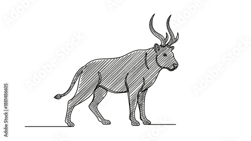 A captivating and imaginative digital sketch depicting a unique mythical creature, combining the powerful form of a lion with majestic antlers, rendered in a striking monochrome line art style