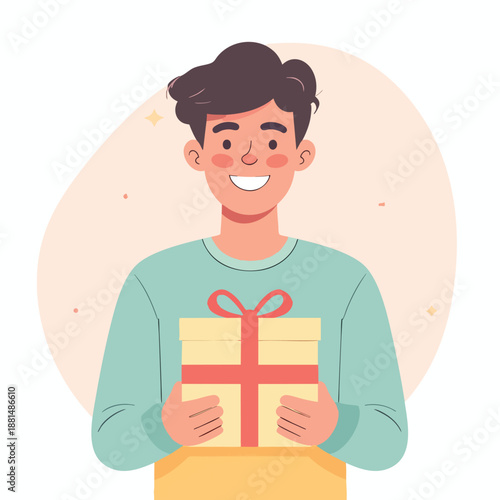 A smiling man holding a gift box with a red ribbon in front of him