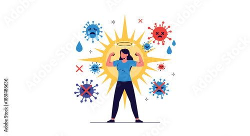 Strong woman standing with clenched fists against a sun background while colorful virus icons are being defeated and crossed out.