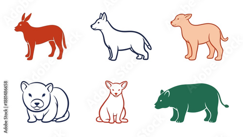 A charming collection of animal sketch illustrations, featuring dogs, a donkey, a wombat, and a boar, in a simple, clean design, perfect for various projects