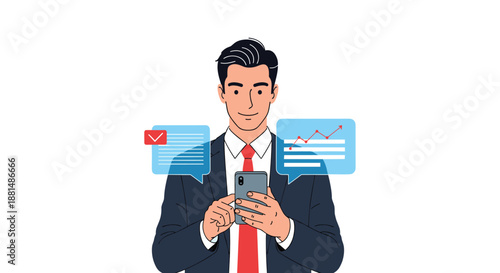 Modern businessman in a suit using his smartphone with floating message bubbles and a growing bar chart represent digital work.