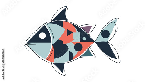 Abstract artistic sketch of a colorful fish with geometric shapes and clean lines, a playful illustration for marine life and design concepts