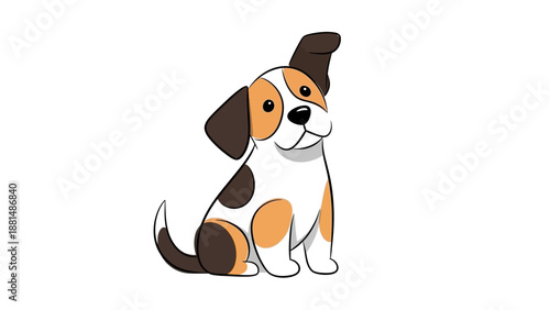 A charming digital sketch of an adorable tricolor puppy, sitting calmly with curious eyes and one perked ear, embodying playful innocence and loyal companionship