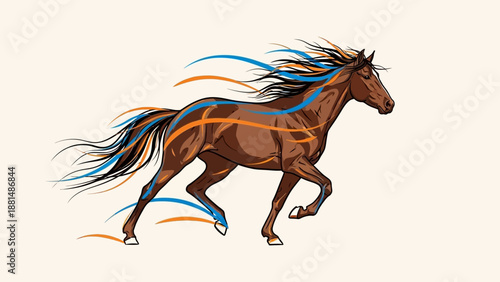 Dynamic brown horse sketch with flowing blue and orange lines, capturing motion and elegance in a stylized illustration