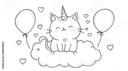 Cute cartoon cat unicorn on a cloud with balloons.  Possible use children's book, coloring page, greeting card